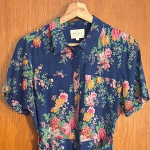Sezane Adele silk dress size 36 US 4 blue floral button down tie front midi EUC